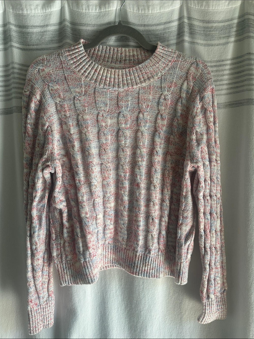 J. Crew Pink and White Cable Knit Crewneck Sweater
